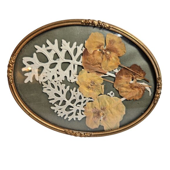 Antique Pressed Dried Flower Wall Hanging or Tabletop Brass Frame Denmark - Picture 2 of 6